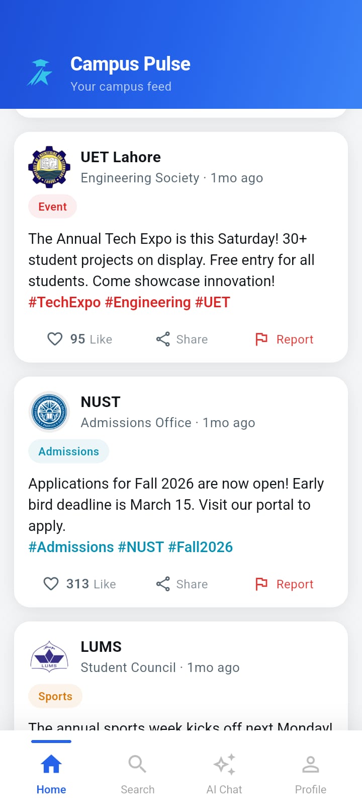 Campus Pulse app screen - university feed